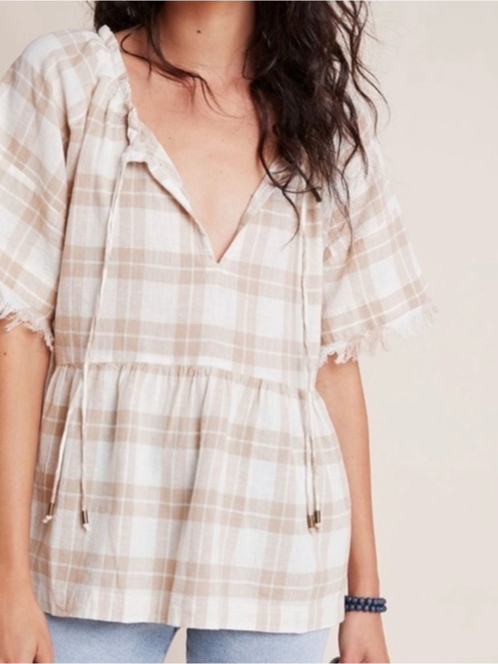 Pilcro Beige & White Plaid Peasant Blouse